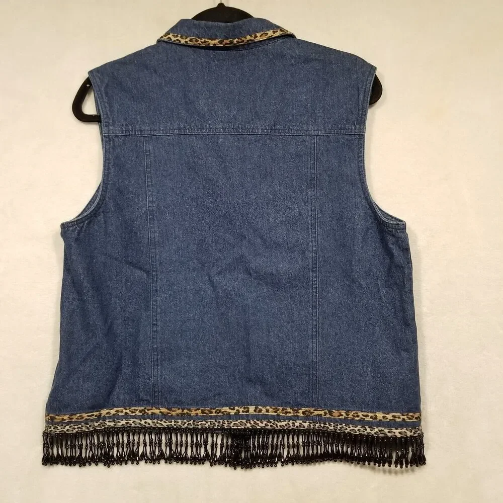 Vtg St. Joanne M/L Top Vest Blue Denim Leopard Beaded Fringe Boho Festival FLAW - Picture 7 of 9